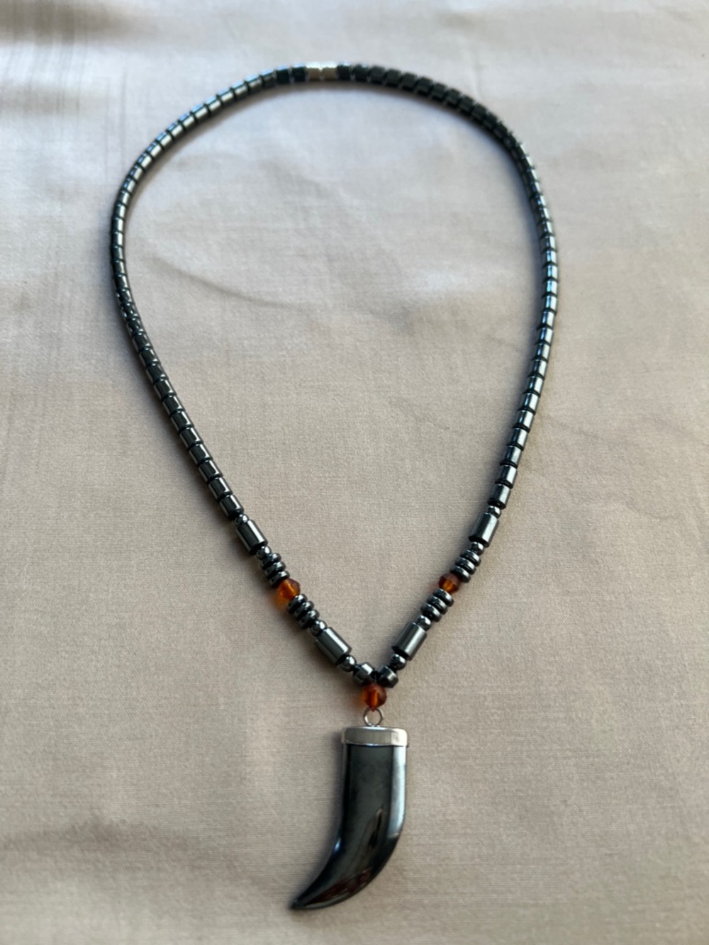 Unisex Hematite Bead Necklace with Black Horn Pendant - Unbranded